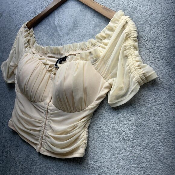 Babydoll Top Milkmaid Coquette Large Cream Off Shoulder Bustier Puff Sleeve Crop - Picture 6 of 11